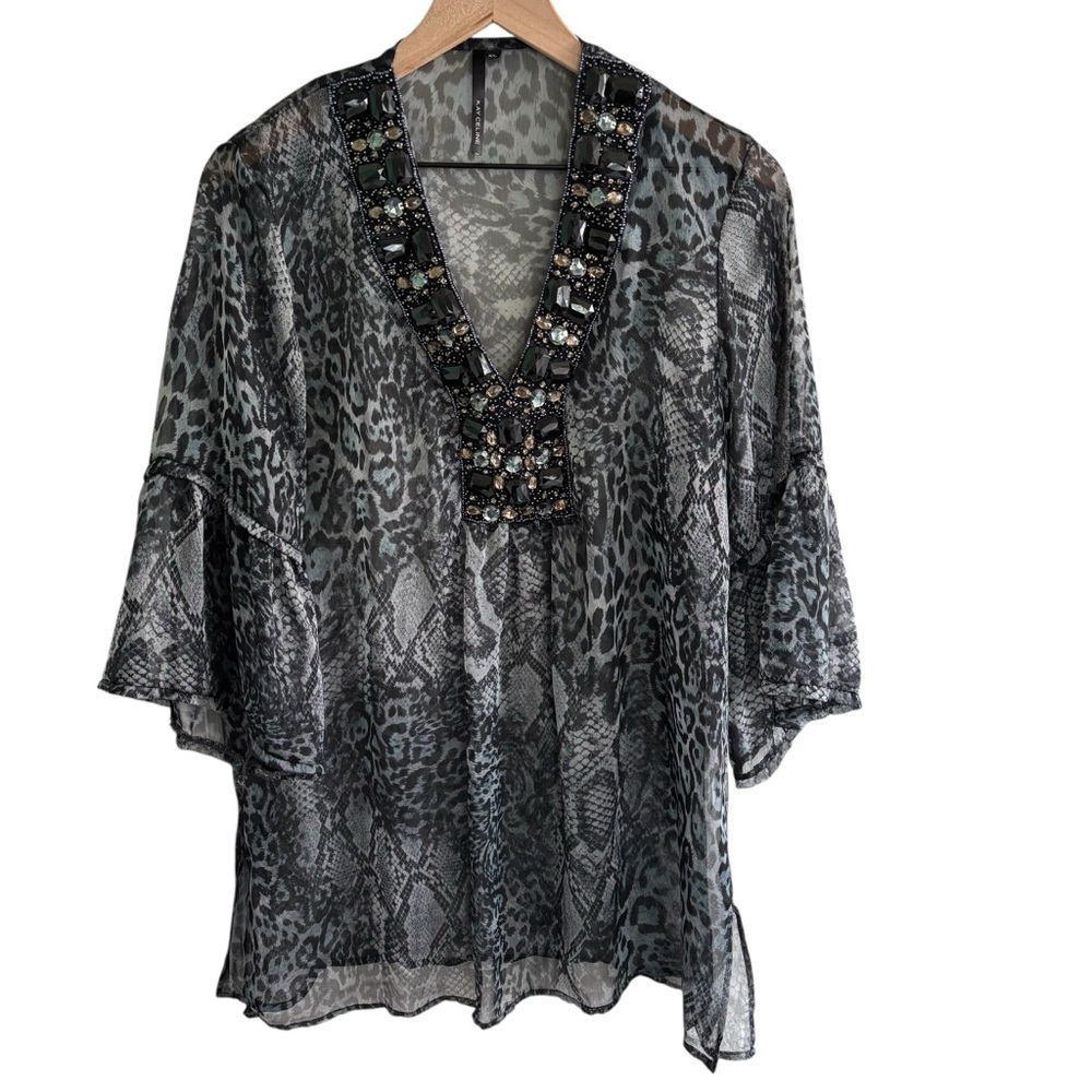 Kay Celine Women's XL Sheer Animal Print Tunic Blouse Embellished V-Neck